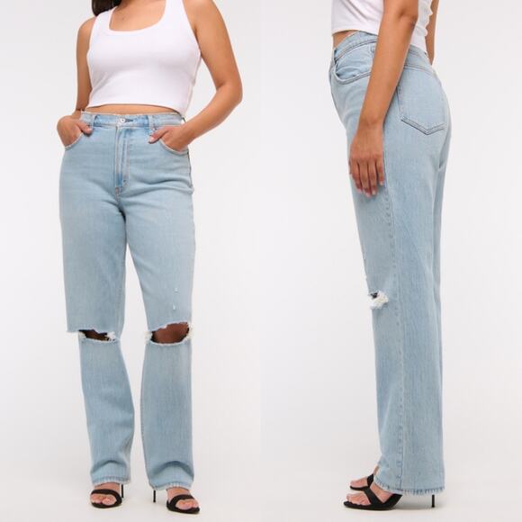 Abercrombie & Fitch Light Wash Ultra High Rise 90s Straight Jean Distressed - Picture 1 of 10